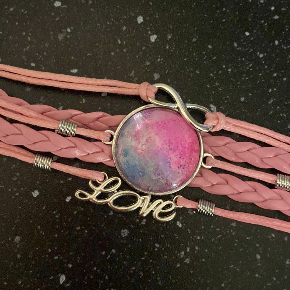Handmade Faux Leather Bracelet w Hand Painted Alcohol Ink Art Under Domed Glass